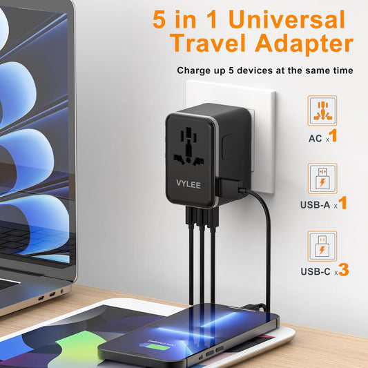 Universal 70W Travel Adapter – 5-Port Fast Charger with USB-C & Worldwide Plug Compatibility (USA/EU/UK/AUS/Japan)