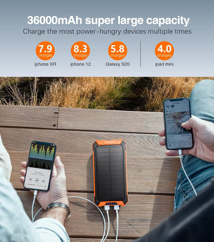 36000mAh Solar Power Bank with Wireless Fast Charging, Built-In Cables, 6 Outputs, 3 Inputs, Dual Flashlights & Carabiner – Portable Charger for All Devices