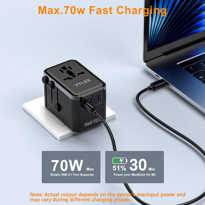 Universal 70W Travel Adapter – 5-Port Fast Charger with USB-C & Worldwide Plug Compatibility (USA/EU/UK/AUS/Japan)