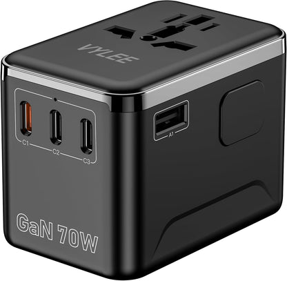 Universal 70W Travel Adapter – 5-Port Fast Charger with USB-C & Worldwide Plug Compatibility (USA/EU/UK/AUS/Japan)