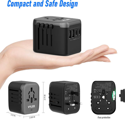 Universal Travel Adapter 5-in-1 – Worldwide Power Plug with 4 USB Ports (2 USB-A + 2 USB-C), 3.5A Fast Charging Wall Charger for Europe, USA, UK, AUS, Asia