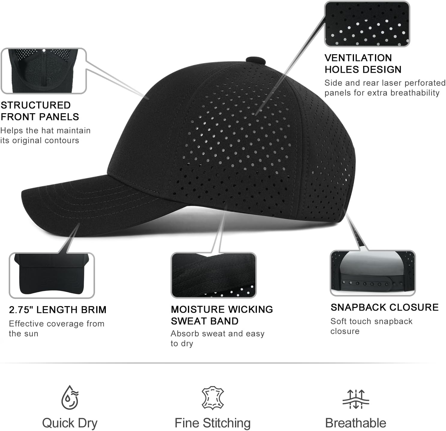 Men Quick Dry Baseball Cap Laser Cut Mesh Ball Curved Brim Snapback Hat