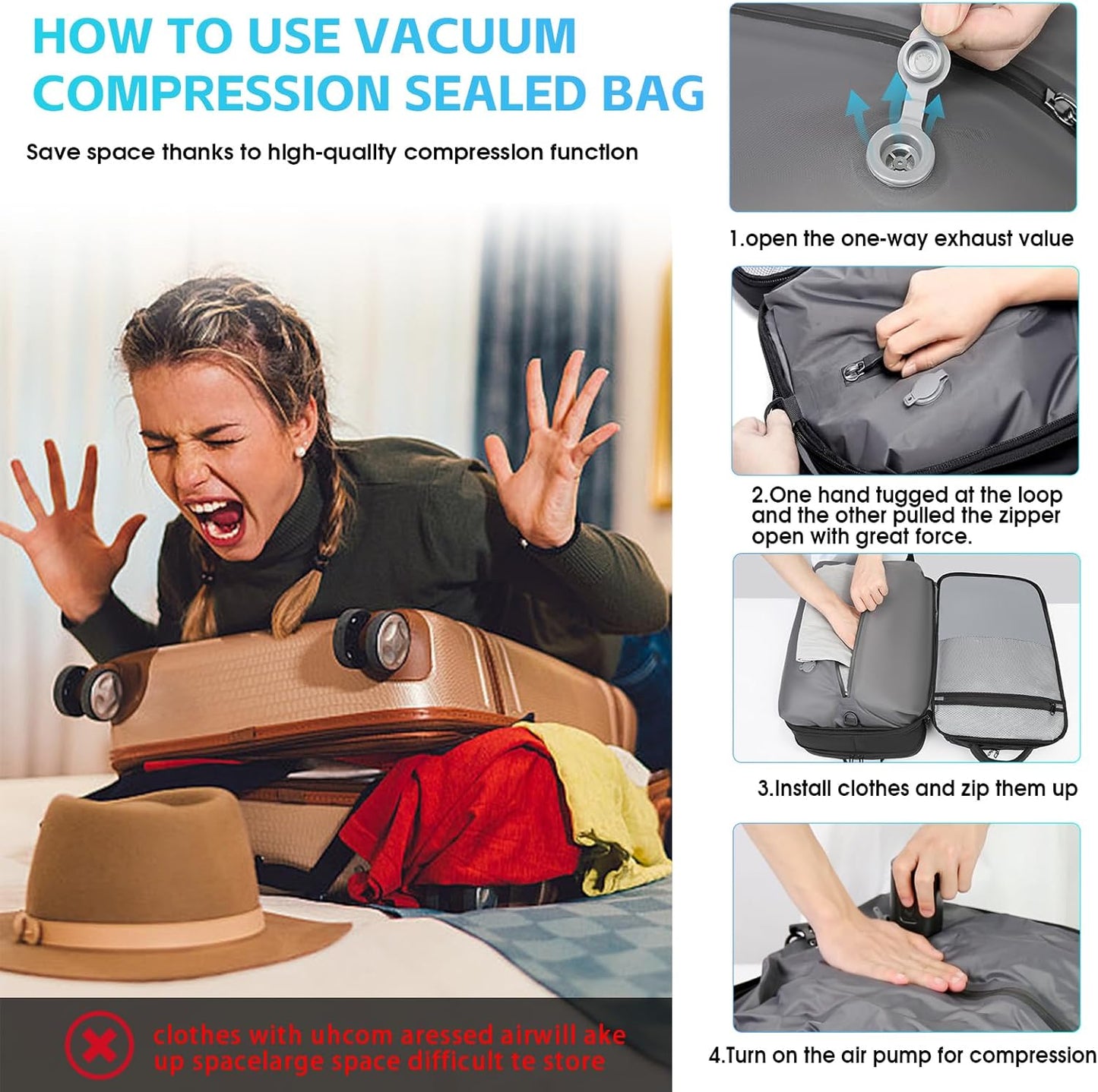 Vacuum Travel Backpack with Pump, 50L Expandable Compression