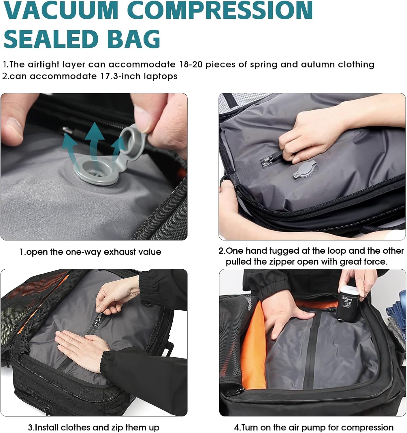 Vacuum Compression Backpack with Pump, Extra Large Capacity 45L 