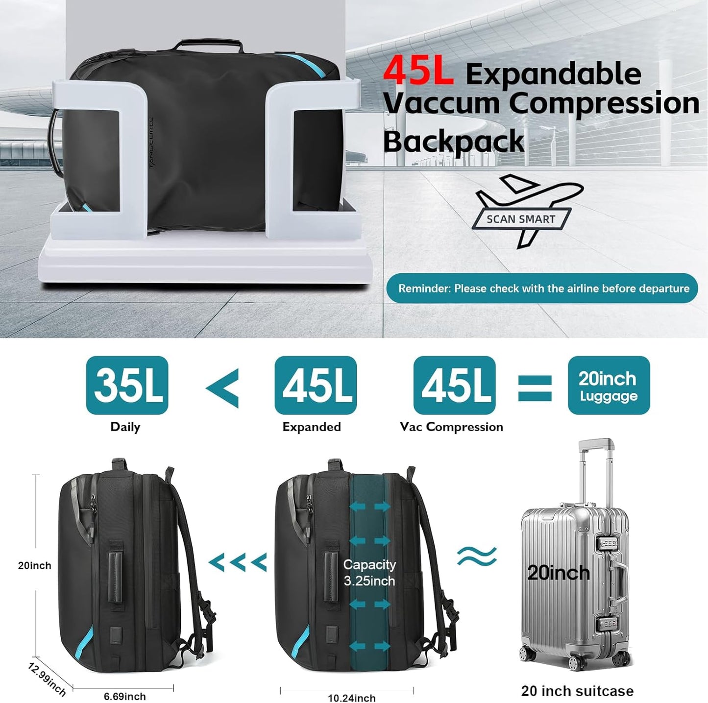 Vacuum Compression Backpack with Pump, Extra Large Capacity 45L 