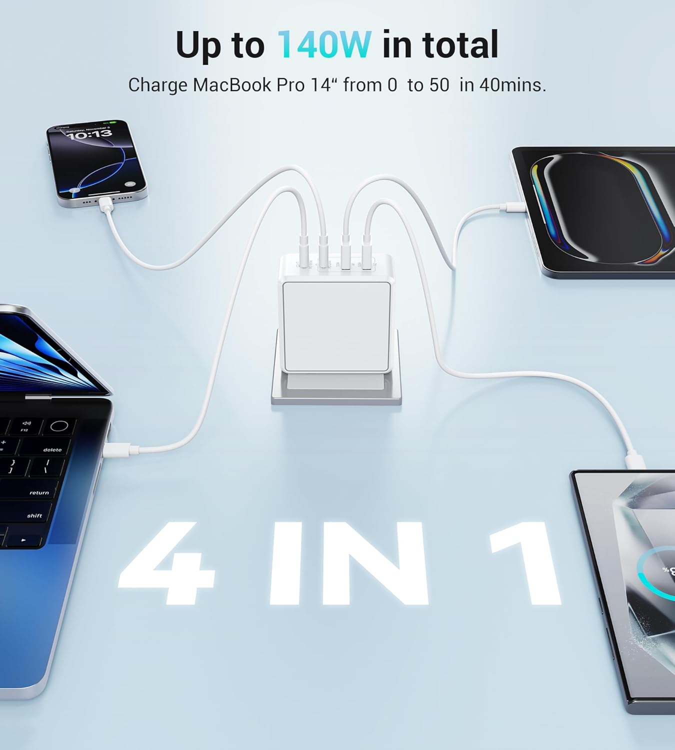 140W USB-C Wall Plug with 4 Ports – Super Fast Charging Cube for Laptops, Tablets & Phones