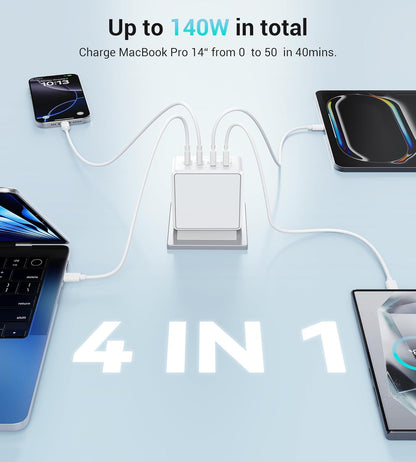 140W USB-C Wall Plug with 4 Ports – Super Fast Charging Cube for Laptops, Tablets & Phones