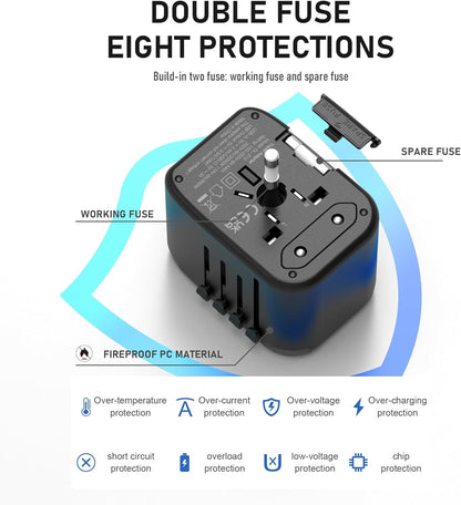 Universal Travel Adapter 5-in-1 – Worldwide Power Plug with 4 USB Ports (2 USB-A + 2 USB-C), 3.5A Fast Charging Wall Charger for Europe, USA, UK, AUS, Asia