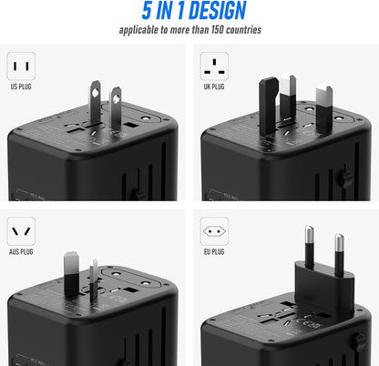 Universal Travel Adapter 5-in-1 – Worldwide Power Plug with 4 USB Ports (2 USB-A + 2 USB-C), 3.5A Fast Charging Wall Charger for Europe, USA, UK, AUS, Asia