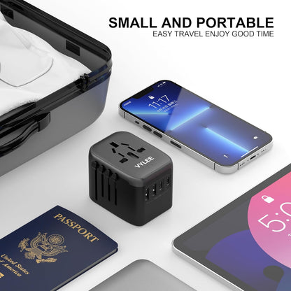 Universal Travel Adapter 5-in-1 – Worldwide Power Plug with 4 USB Ports (2 USB-A + 2 USB-C), 3.5A Fast Charging Wall Charger for Europe, USA, UK, AUS, Asia
