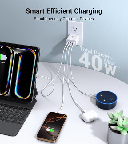40W USB-C Charger Cube (2-Pack) – 4-Port Fast Charging Wall Adapter with PD & QC for iPhone, iPad, Samsung & More Devices