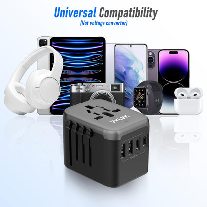 Universal Travel Adapter 5-in-1 – Worldwide Power Plug with 4 USB Ports (2 USB-A + 2 USB-C), 3.5A Fast Charging Wall Charger for Europe, USA, UK, AUS, Asia