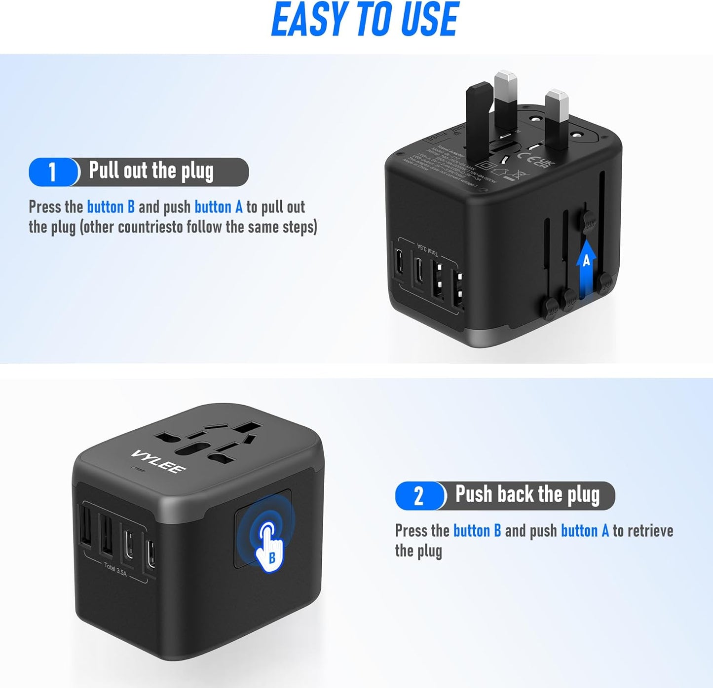 Universal Travel Adapter 5-in-1 – Worldwide Power Plug with 4 USB Ports (2 USB-A + 2 USB-C), 3.5A Fast Charging Wall Charger for Europe, USA, UK, AUS, Asia