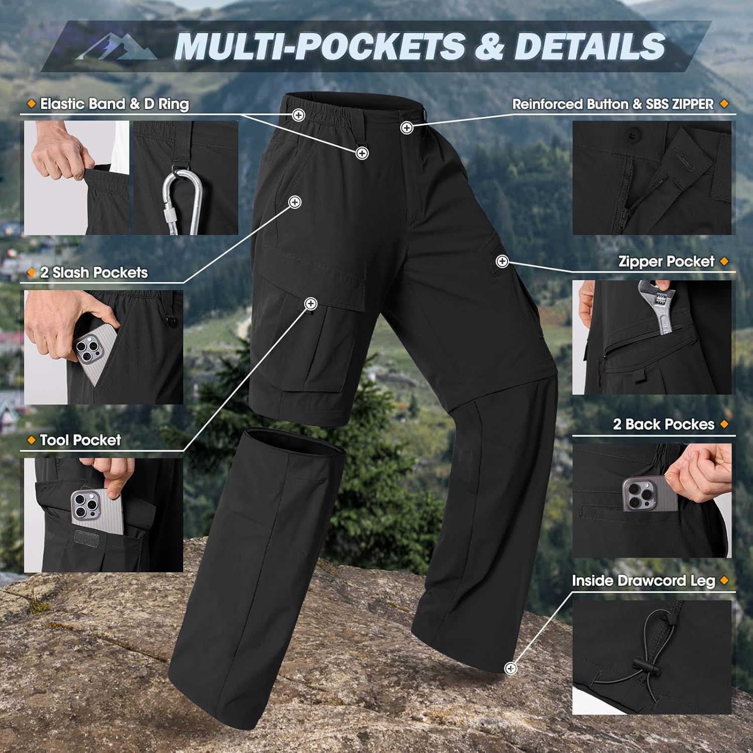 Mens Hiking Pants Convertible Quick Dry Cargo