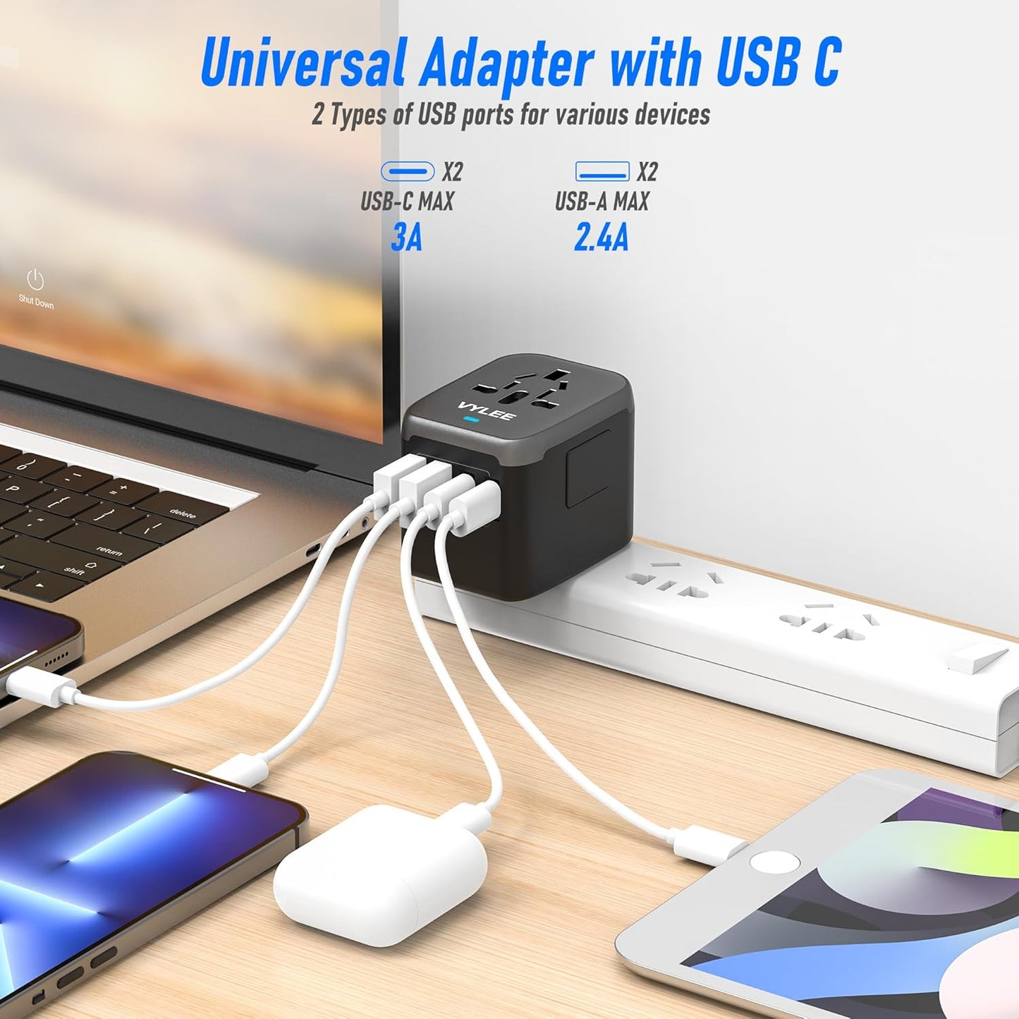 Universal Travel Adapter 5-in-1 – Worldwide Power Plug with 4 USB Ports (2 USB-A + 2 USB-C), 3.5A Fast Charging Wall Charger for Europe, USA, UK, AUS, Asia