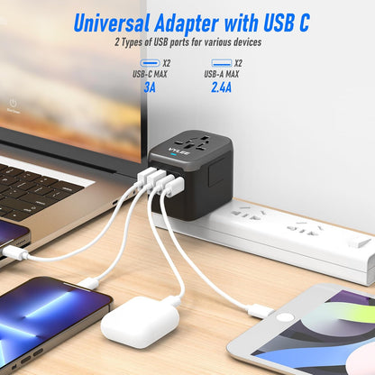 Universal Travel Adapter 5-in-1 – Worldwide Power Plug with 4 USB Ports (2 USB-A + 2 USB-C), 3.5A Fast Charging Wall Charger for Europe, USA, UK, AUS, Asia