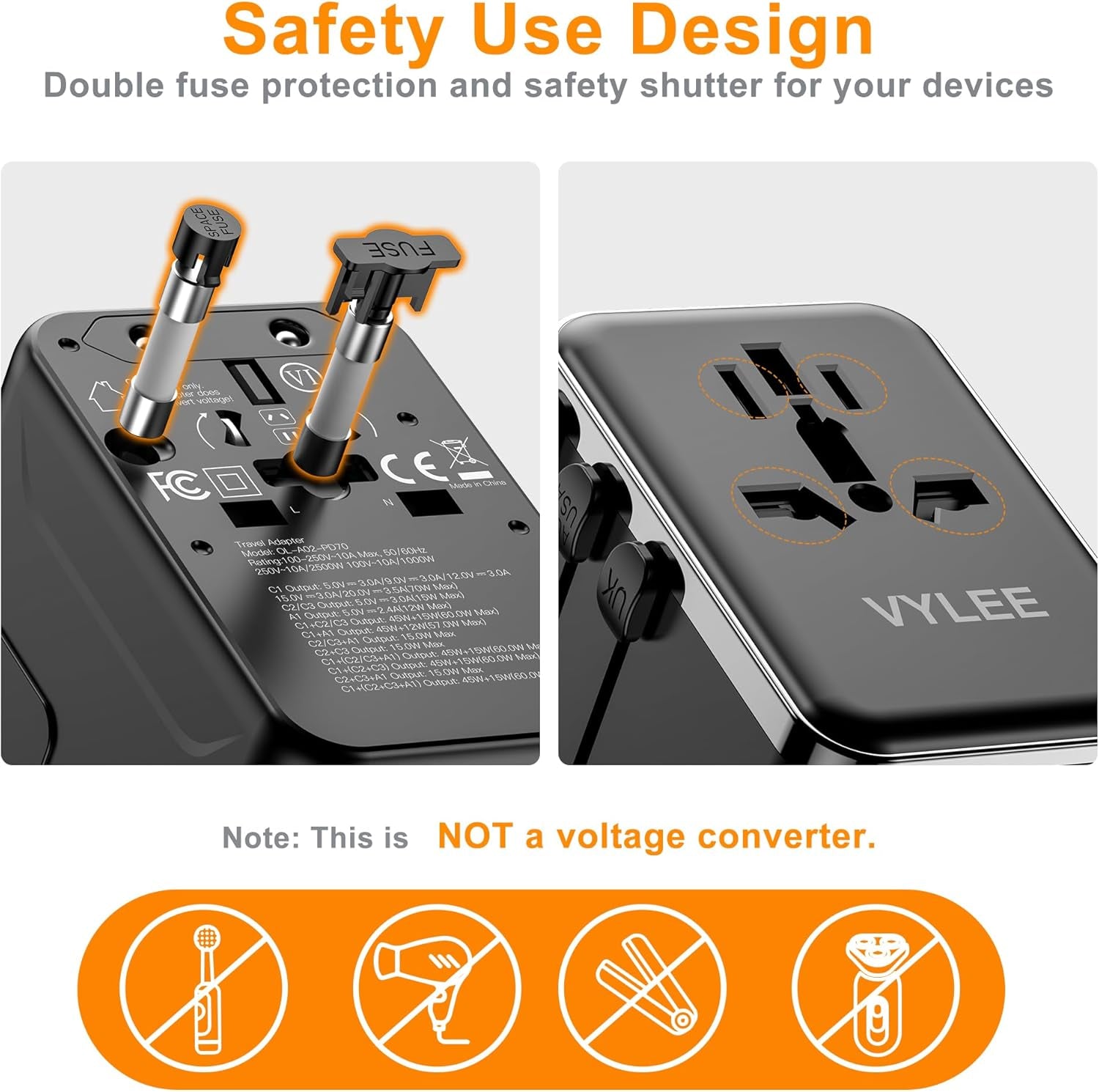 Universal 70W Travel Adapter – 5-Port Fast Charger with USB-C & Worldwide Plug Compatibility (USA/EU/UK/AUS/Japan)