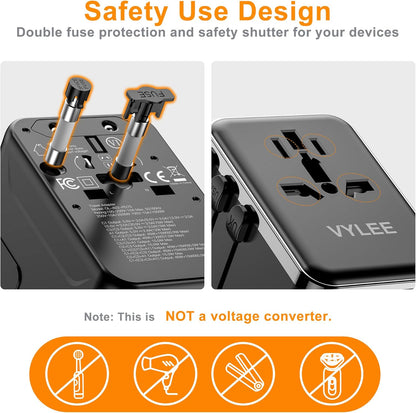 Universal 70W Travel Adapter – 5-Port Fast Charger with USB-C & Worldwide Plug Compatibility (USA/EU/UK/AUS/Japan)