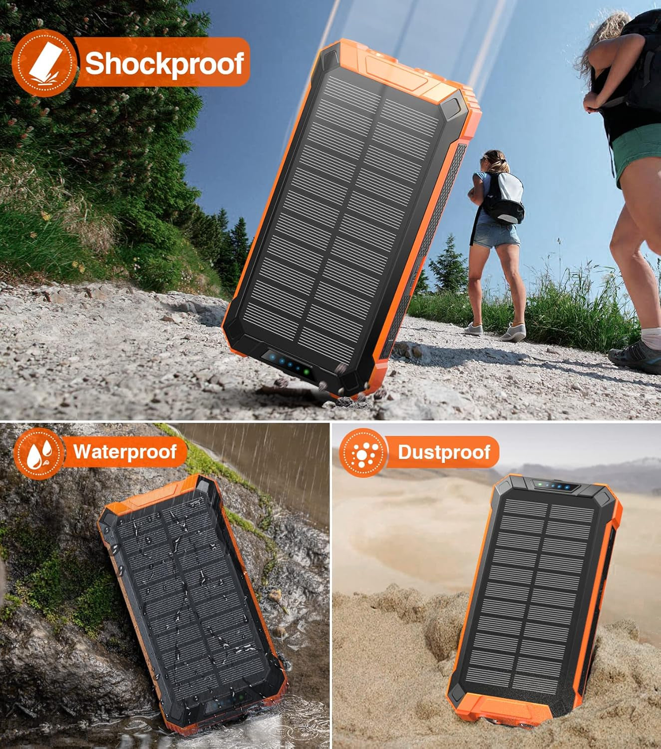 36000mAh Solar Power Bank with Wireless Fast Charging, Built-In Cables, 6 Outputs, 3 Inputs, Dual Flashlights & Carabiner – Portable Charger for All Devices