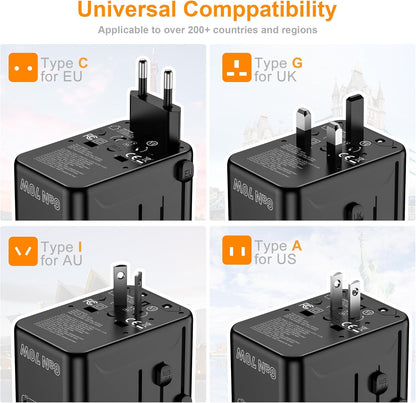 Universal 70W Travel Adapter – 5-Port Fast Charger with USB-C & Worldwide Plug Compatibility (USA/EU/UK/AUS/Japan)